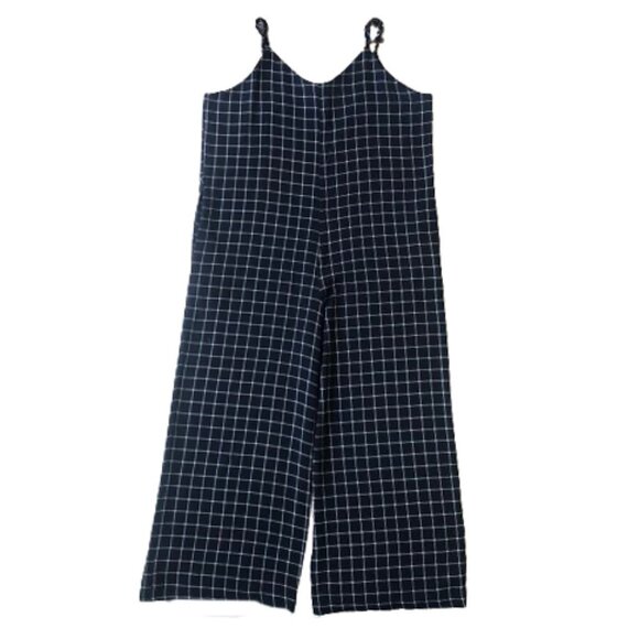 Anthropologie Monteau window pane plaid wide leg navy and white jumpsuit - Picture 6 of 15